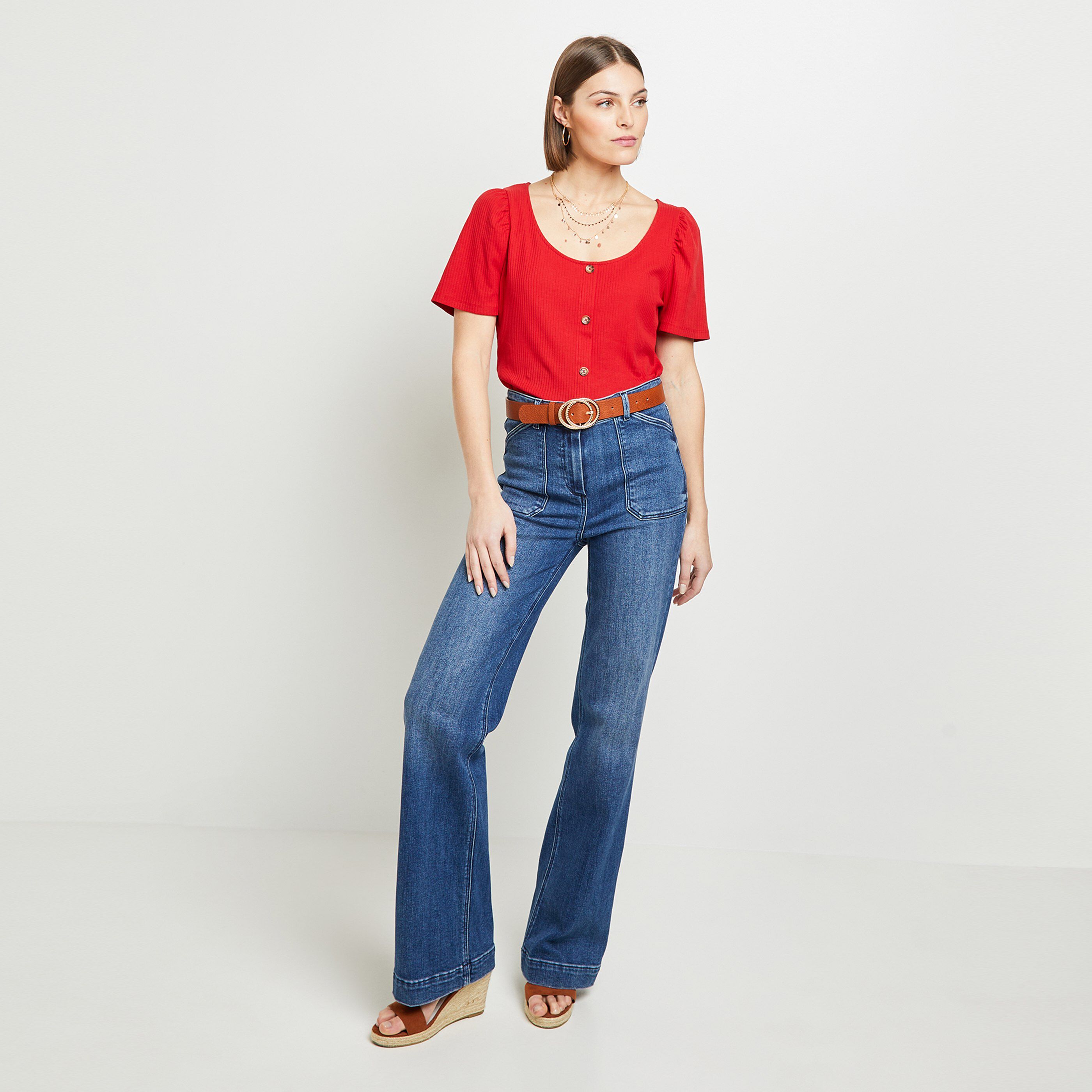 Tshirt côtelé femme - ROUGE
