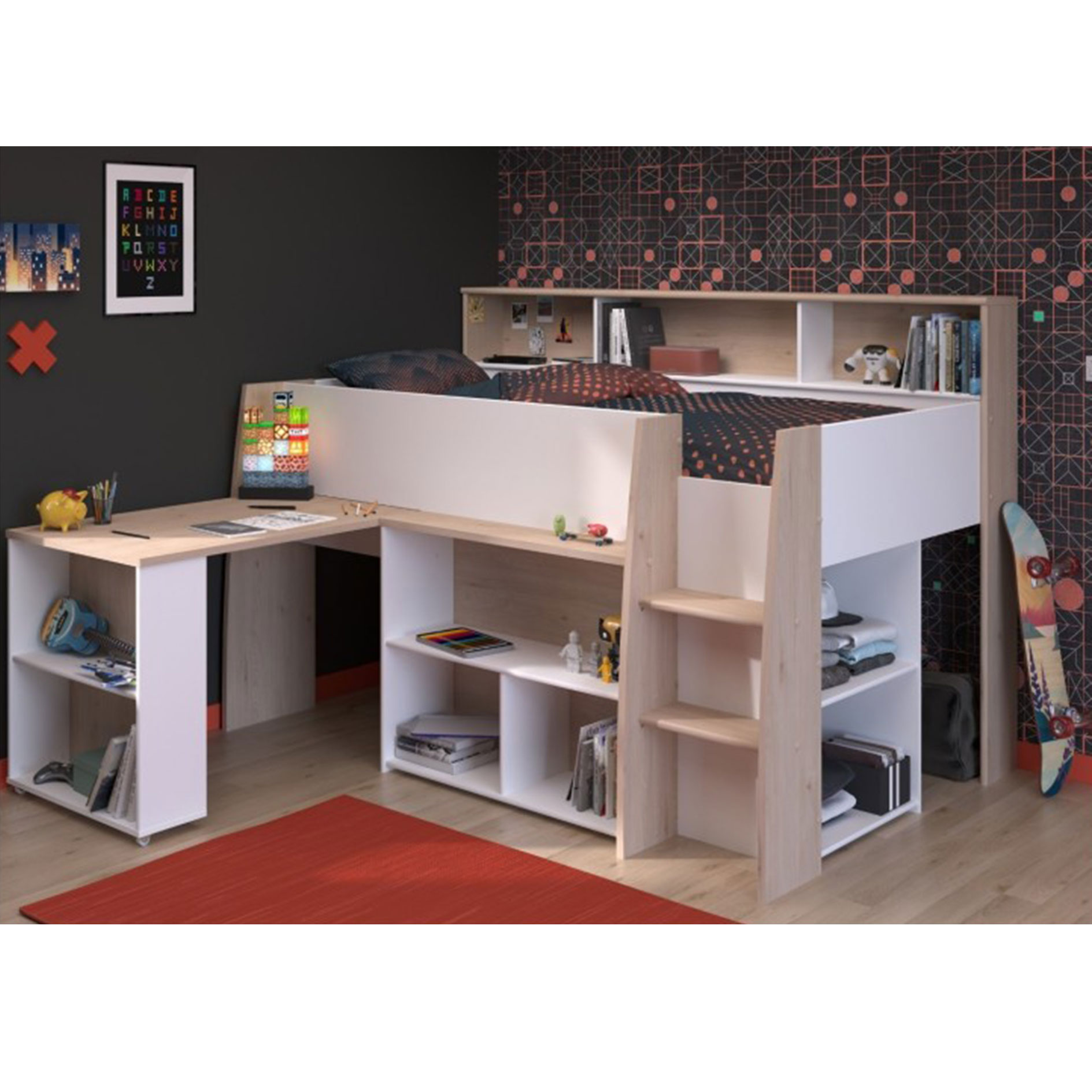 Hochbett LUCAS - weiß - Japanische Eiche - mit Schreibtisch