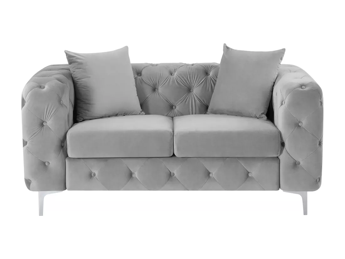 Canapé 2 places chesterfield en velours gris clair EDWINA