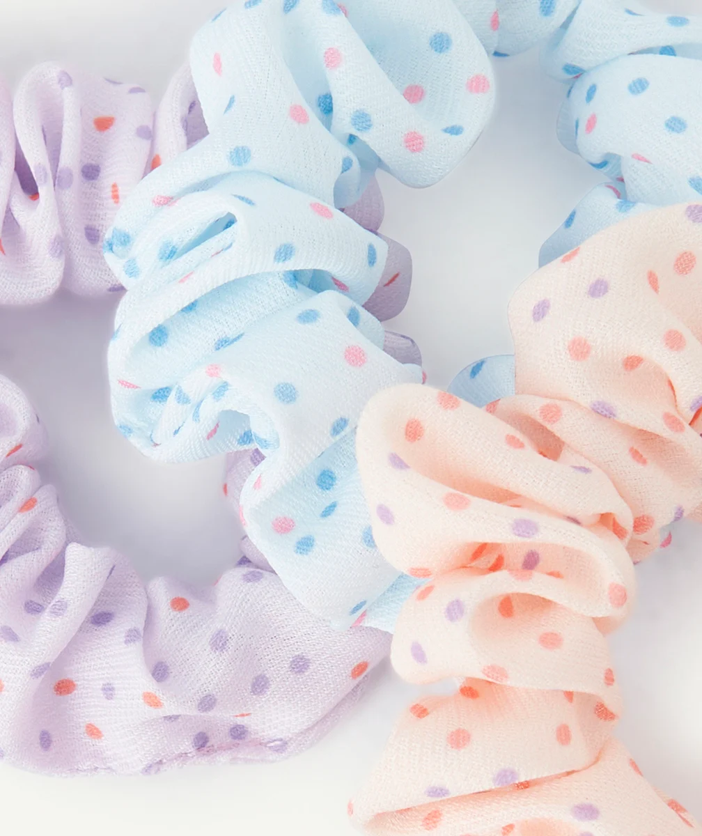 LOT DE 3 CHOUCHOUS FILLE IMPRIMÉS POIS BLEU VIOLET ET ORANGE PASTEL