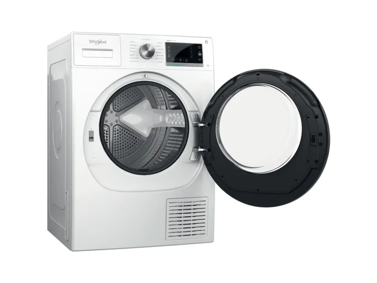Whirlpool W7 D94WB EE, Fritstående, Front-læsning, Kondensering, Sort, Hvid, Knapper, Dreje, Højre