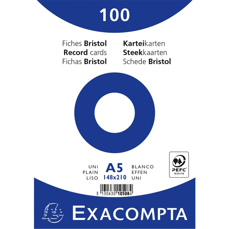 Fiche bristol 210 x 148 mm unie blanche non perforée Exacompta - Boîte de 100