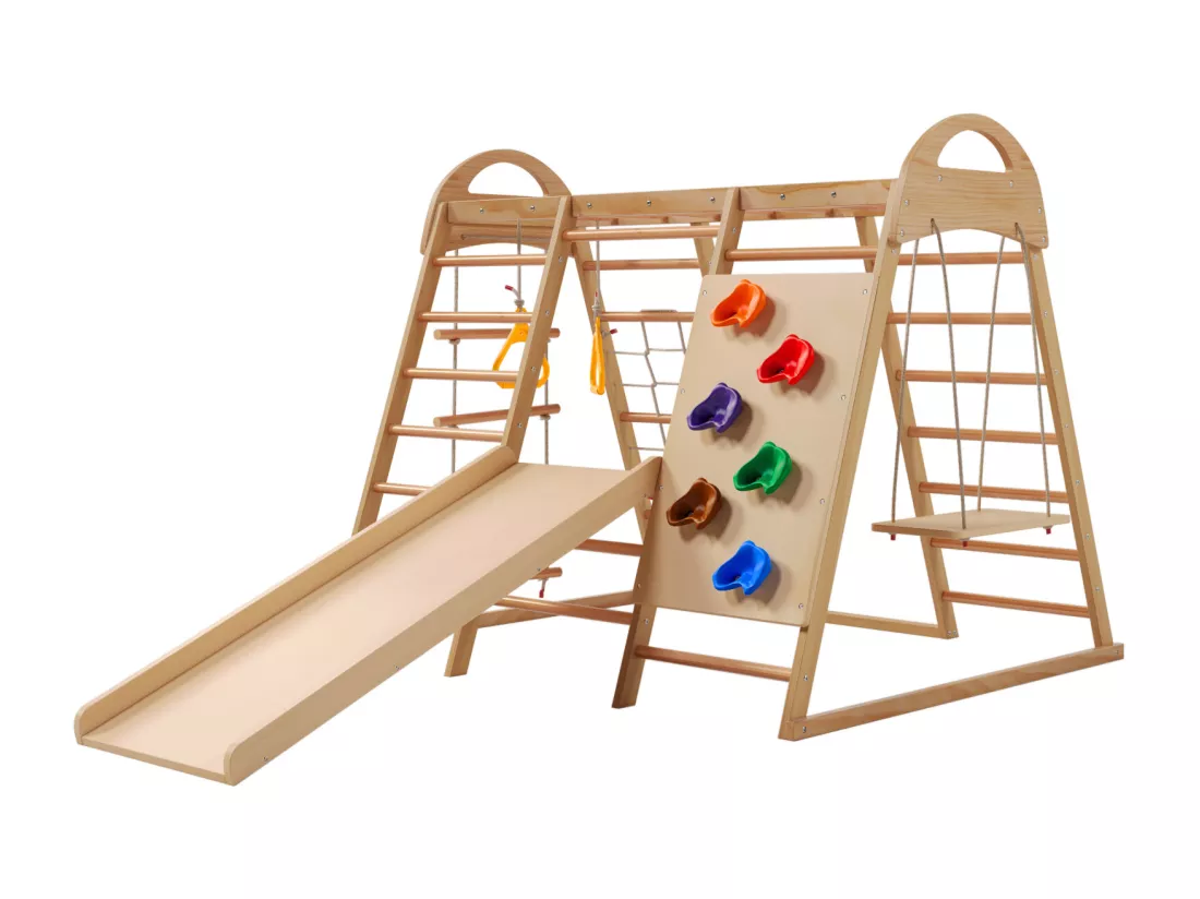 Aire de jeux 7 en 1 avec toboggan, balançoire et filet d'Escalade, 140 x 120 x 120 cm