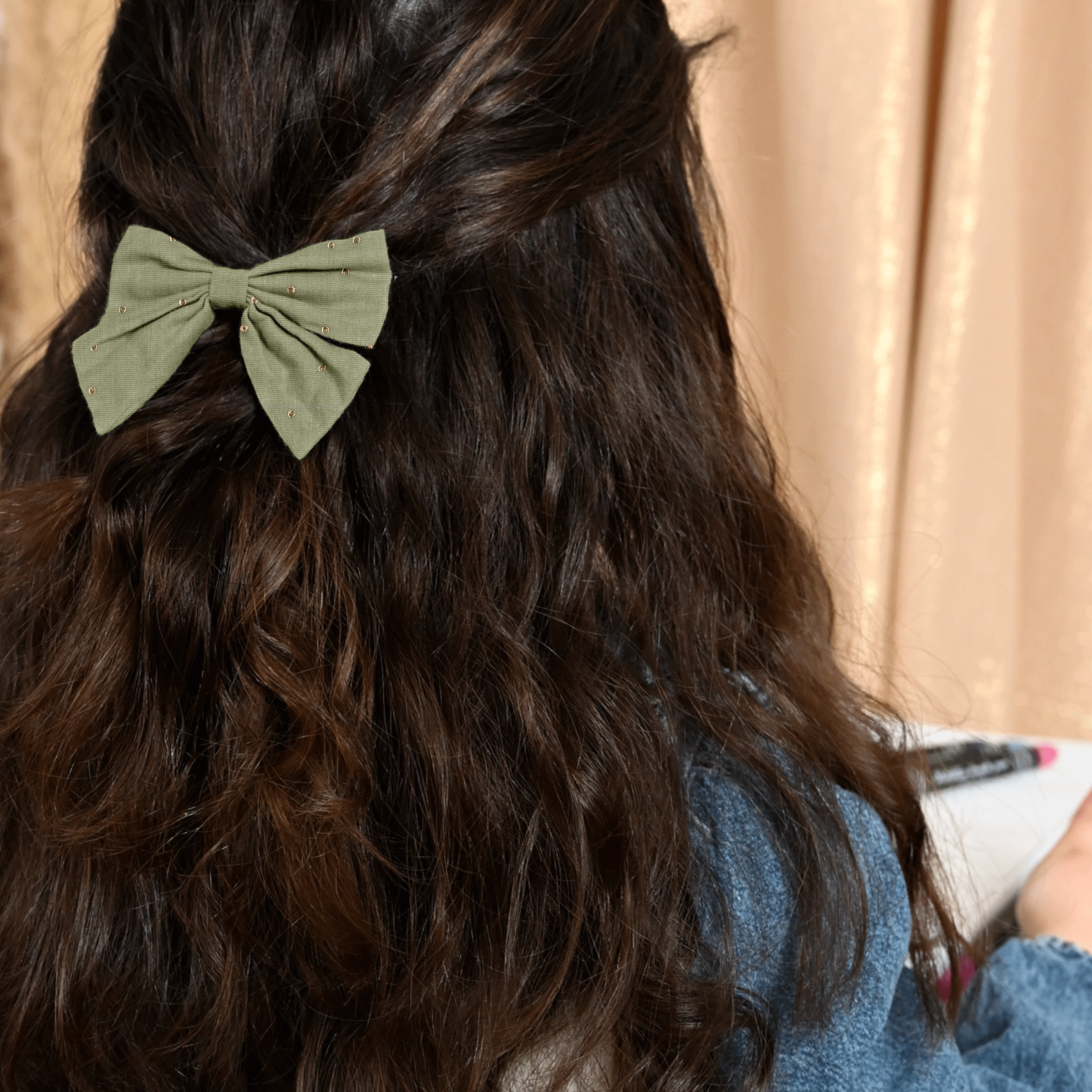 Barrette Noeud Papillon Gaze Pois Or Vert Amande