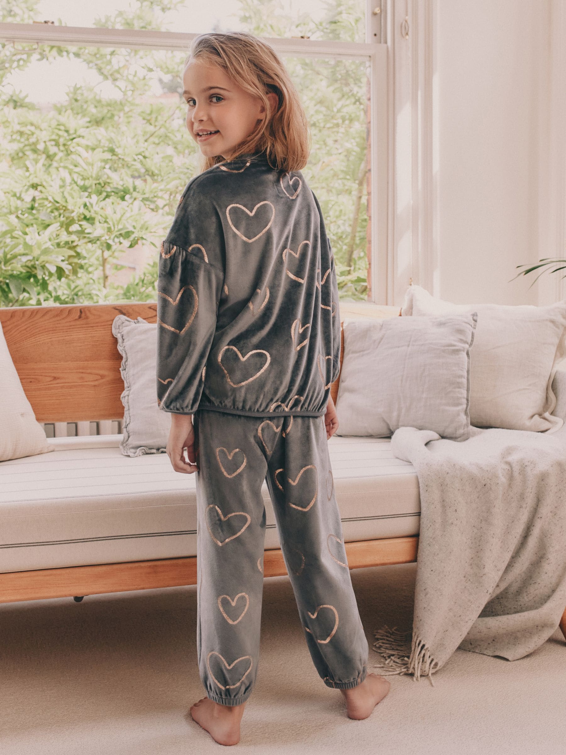 Metallic antracietgrijs hart - Behaaglijke fleece pyjama (9 mnd-16 jr)
