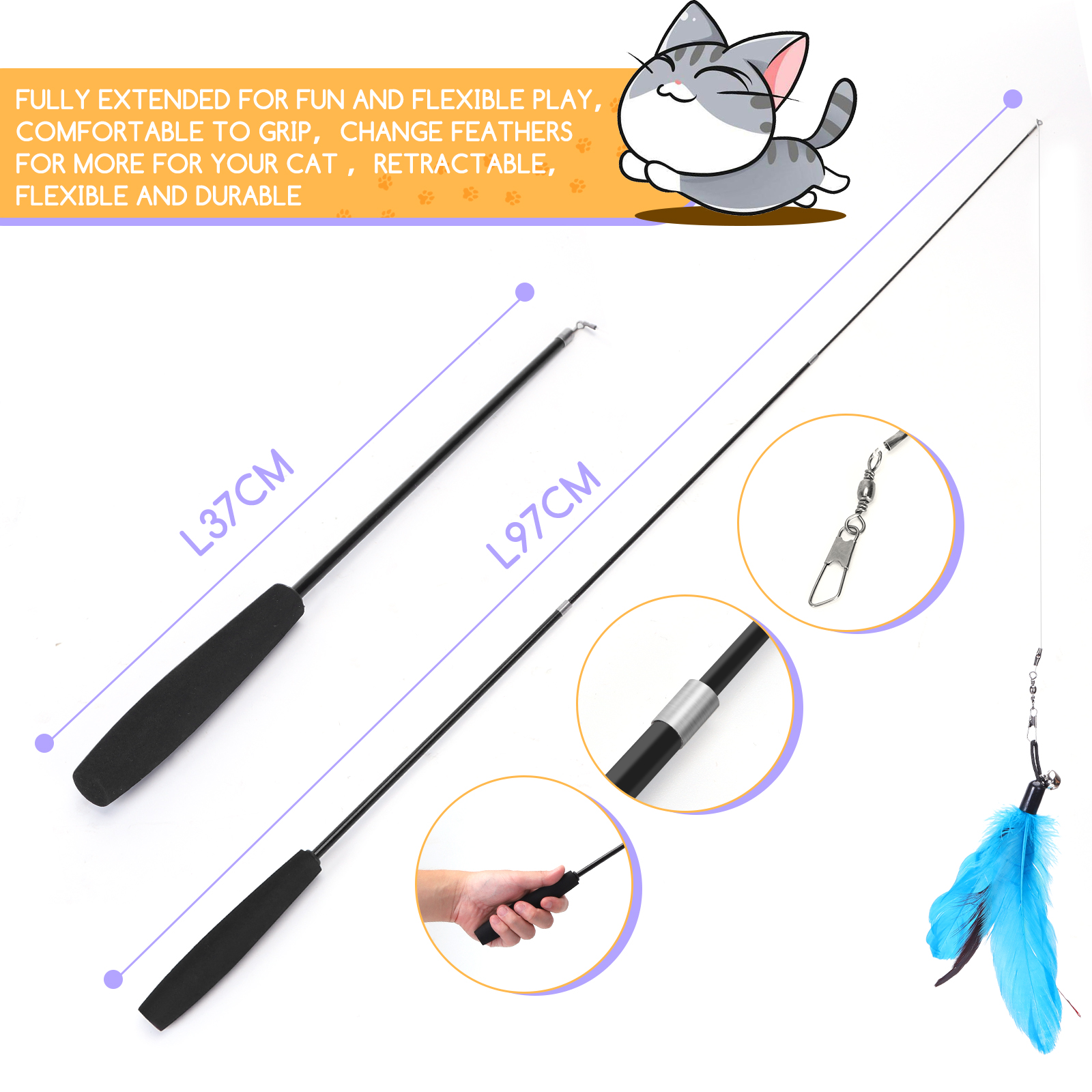 Nobleza - Brinquedo Interativo de Penas para Gatos, 12 Peças, 2 Varinhas Retráteis Divertidas e 10 Espinhos, Brinquedo Interativo de Penas, Brinquedos para Gatos com Sino (10 peças)