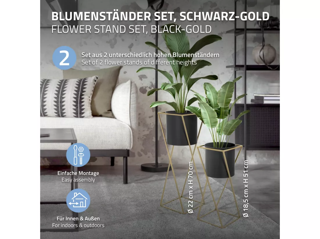 ML-Design Support pour fleurs, set de 2, noir-or, 21x21x51/24x24x70,5 cm, acier, support pour pots de fleurs avec cache-pot, support pour plantes en métal, support pour pots de fleurs 2 pièces, pot de plantes déco colonne de fleurs tabouret pour fleu
