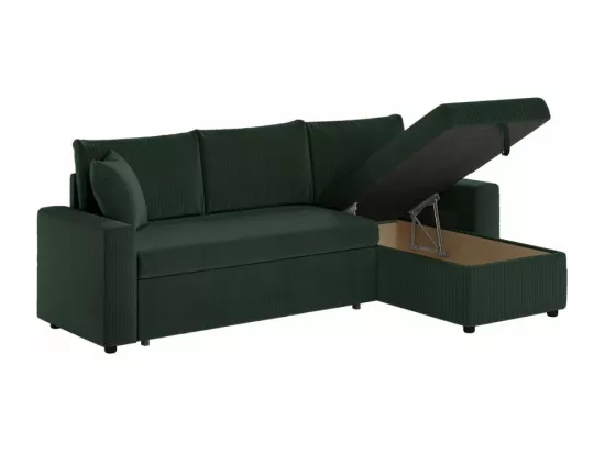 Canapé d'angle 3 places Maria réversible, convertible avec coffre en velours côtelé - Vert foncé - L227 x P146 x H81cm - Loungitude