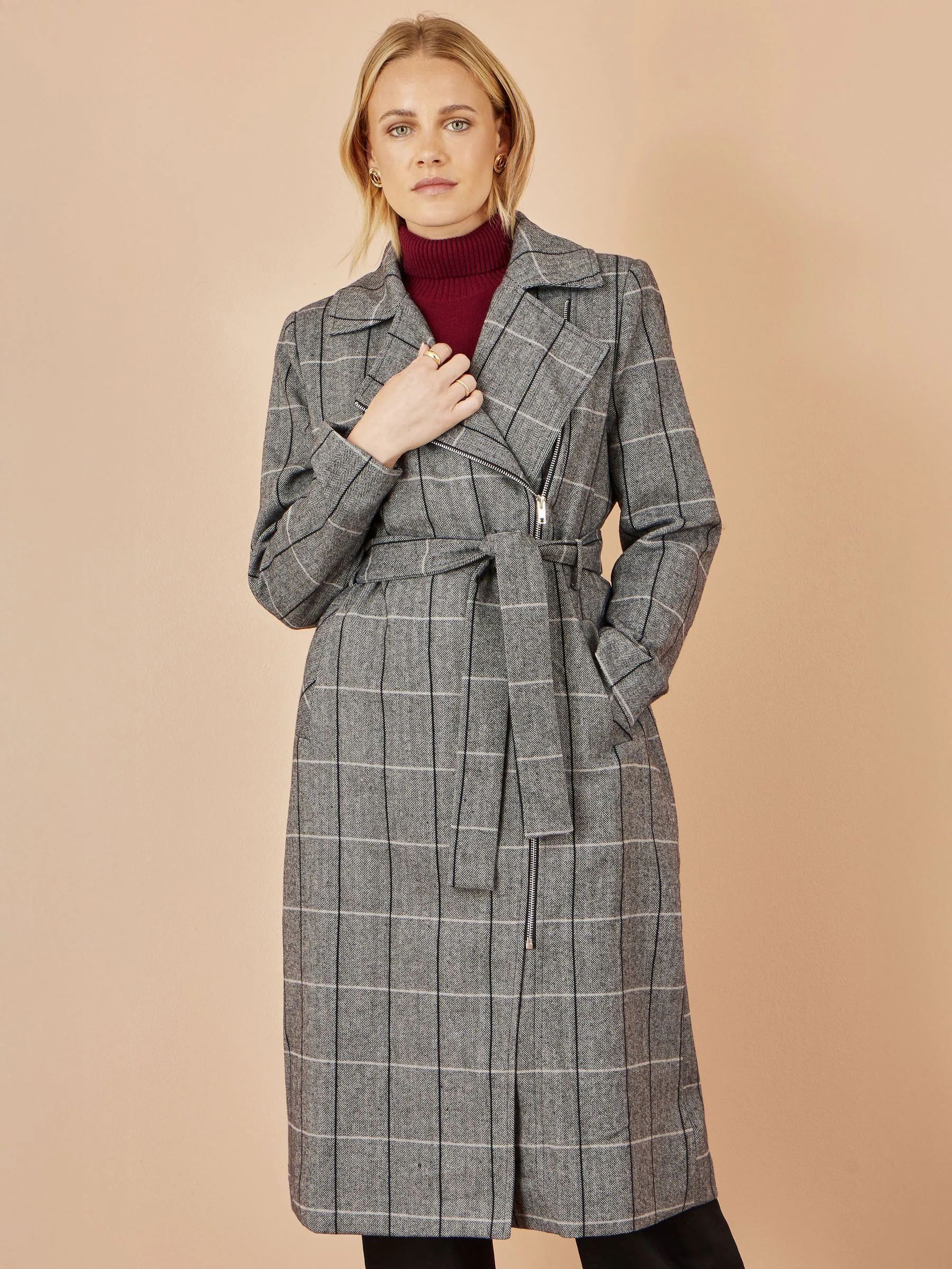 Yumi Check Oversize Long Biker Coat