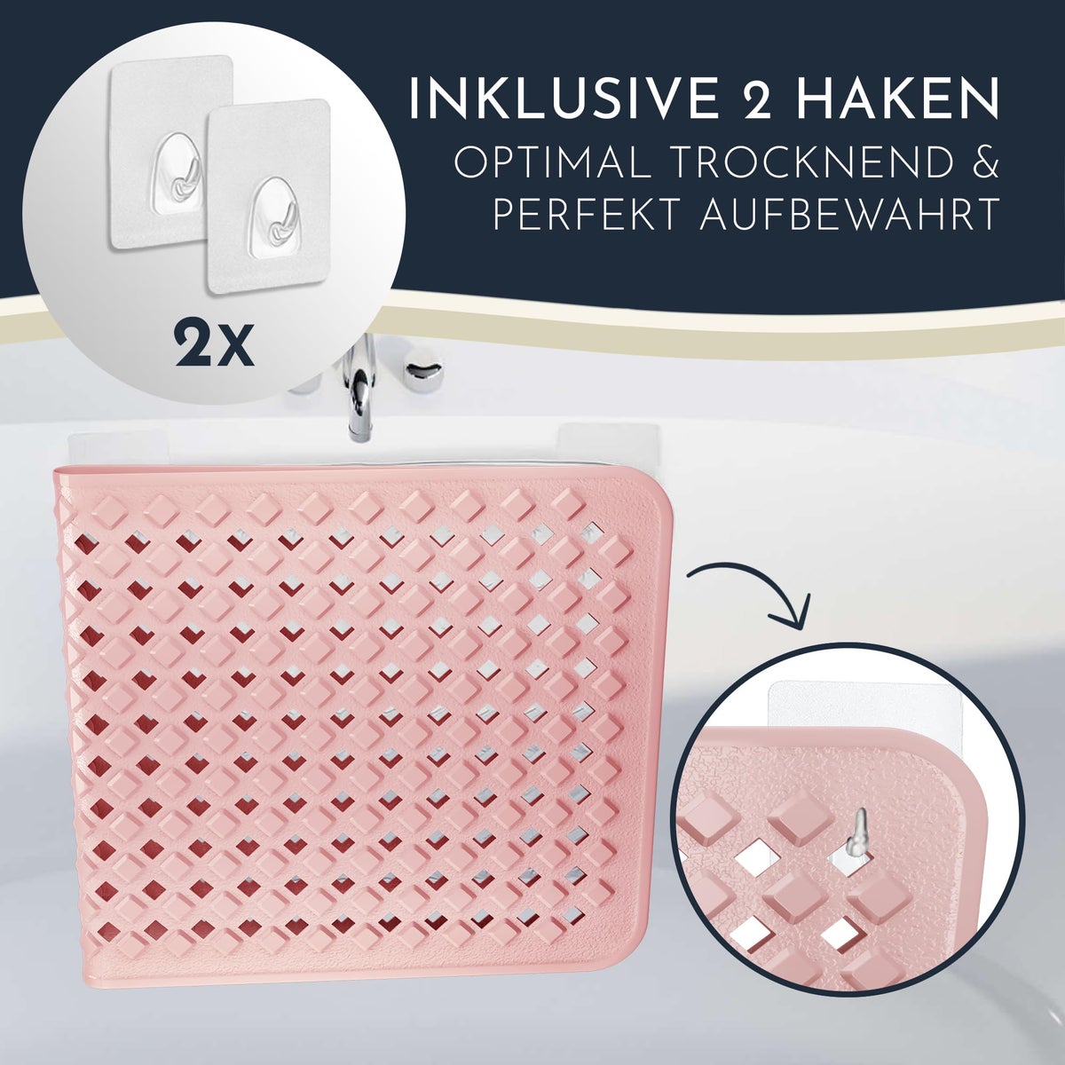 Homerella Antislip Badmat, Huidvriendelijk, 88x39cm, INCL. OPHANGSTANG | Antislip Badmat, BPA-vrij | Schimmelwerende & Machinewasbare Douchemat | Antislip Badmat