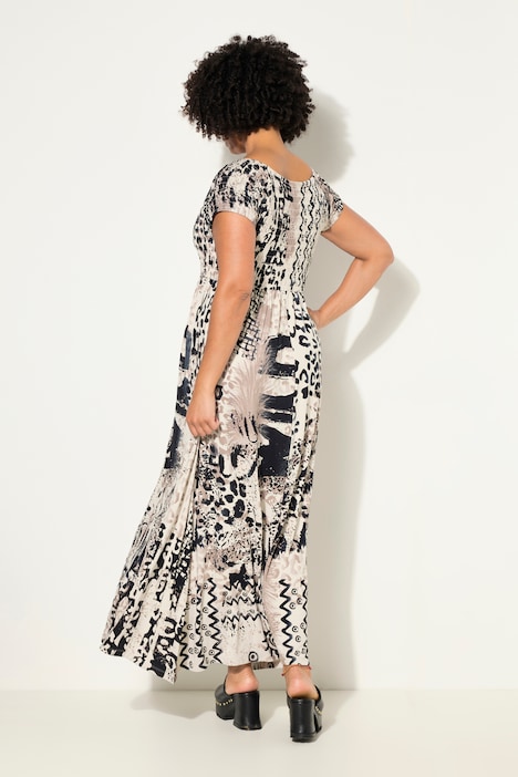 Maxikleid, A-Line, Jersey, Leo-Muster, gesmokte Büste, Halbarm