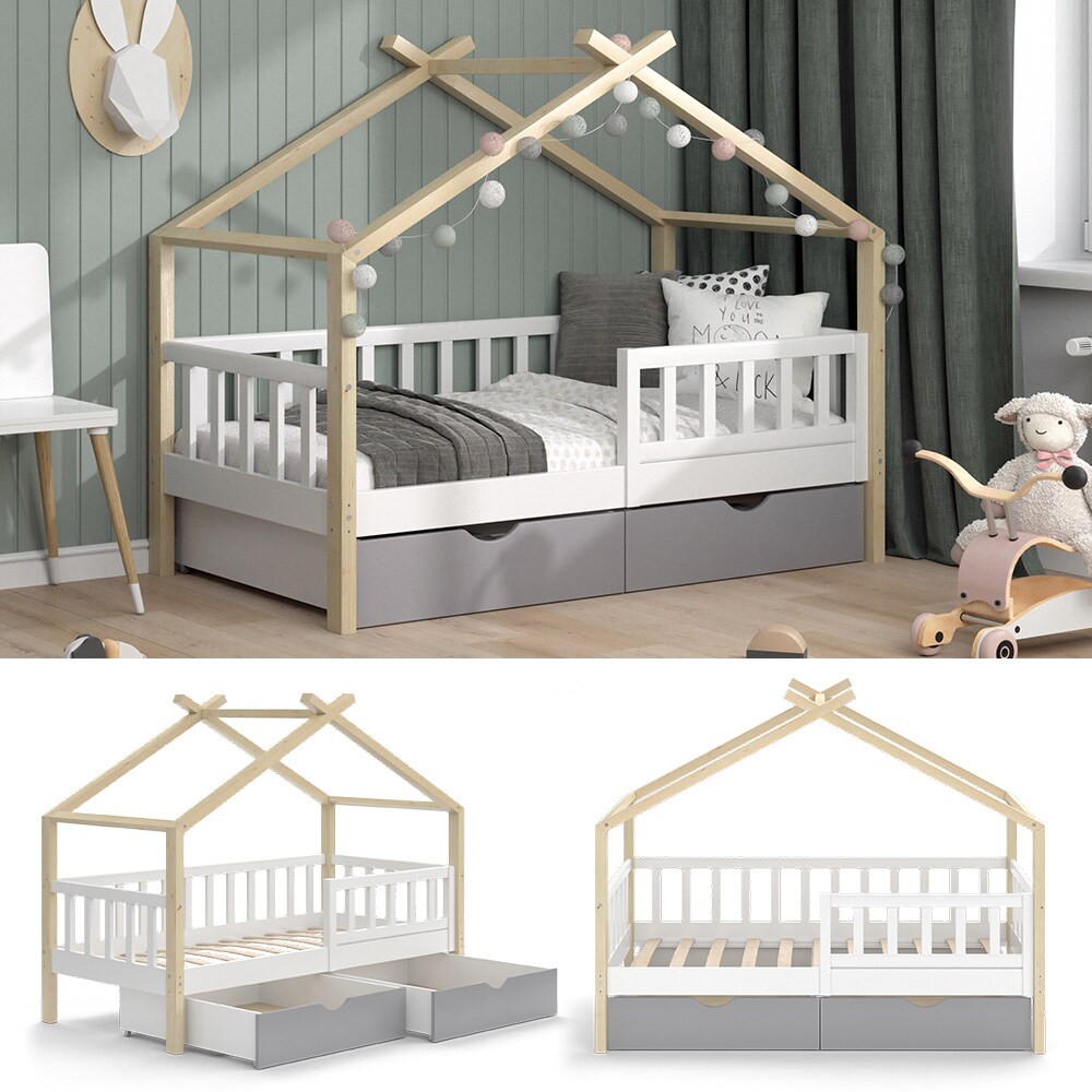 VitaliSpa Kinderbett Hausbett Einzelbett Design Weiß Grau Natur modern 80x160 cm Kinderzimmer Bett Massivholz Lattenrost Schublade Rausfallschutz Schubladenbett