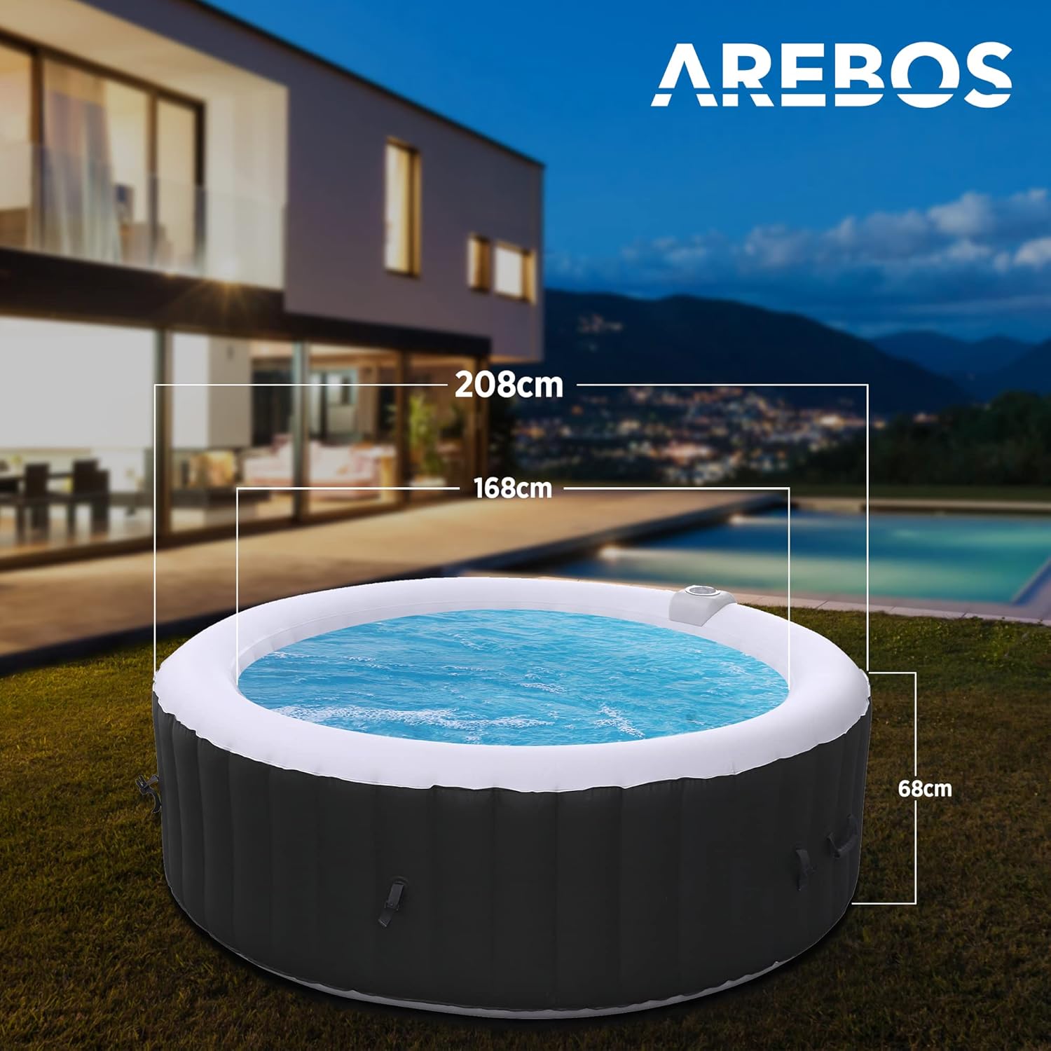 Arebos Whirlpool | aufblasbar | In- & Outdoor | 6 Personen | ⌀ 208 cm | 130 Massagedüsen | mit Heizung | 1.000 Liter | Inkl. Abdeckung | Bubble Spa & Wellness Massage