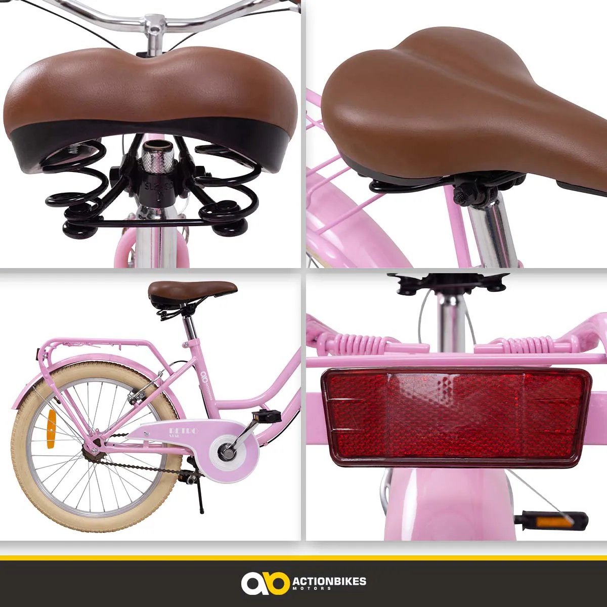 Actionbikes Kinderfahrrad Retrostar 20 Zoll, Rosa, Fahrradständer, Gepäckträger, Sattel gefedert