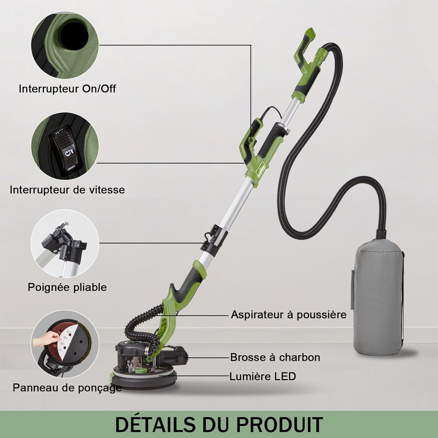 Giraffenschleifer, 750 W, professionell, mit automatischem Vakuumsystem und LED-Licht, Wand- und Teleskop-Deckenschleifer, Durchmesser 215 mm, 7 Geschwindigkeitsstufen, 900-1800 U/min (grün)