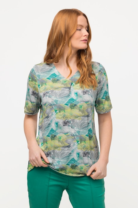 T-Shirt, Zierfalte, V-Ausschnitt, Halbarm