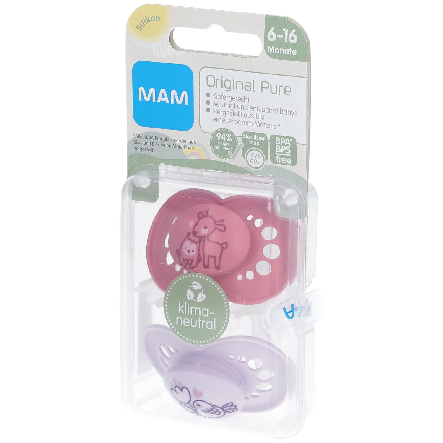 MAM Original Pure Silikonschnuller 6-16 Monate, Reh/ Vogel