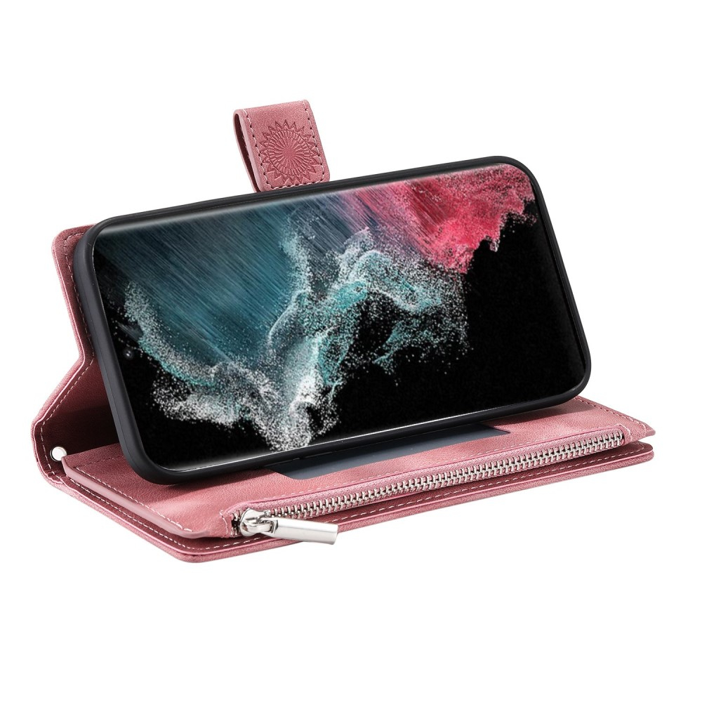 Samsung Galaxy S23 Ultra 5G Leder Tasche Flip Cover mit Reissverschluss - Mandala Flowers Imprint - Rosa