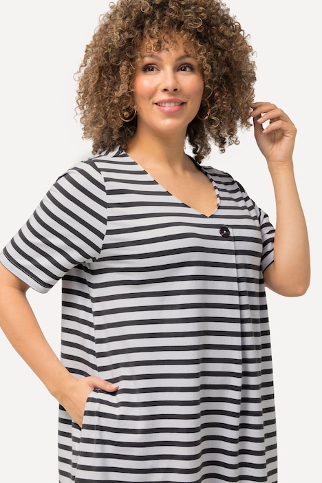 Midikleid, Ringel, A-Linie, V-Ausschnitt, Halbarm