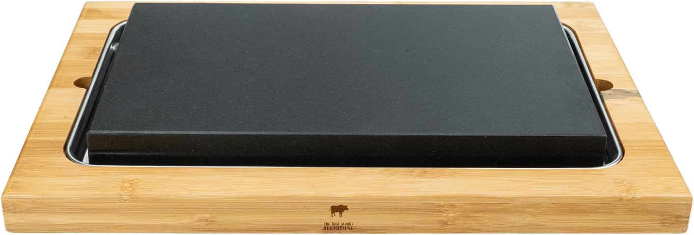 Heißer Stein Lavastein Steak-Brett extra groß Hot Stone Steingrill Set aus Bambusbrett Lavastone und Porzellan-Platte, Fleisch, Fisch grillen auf heißem Stein (XXL)