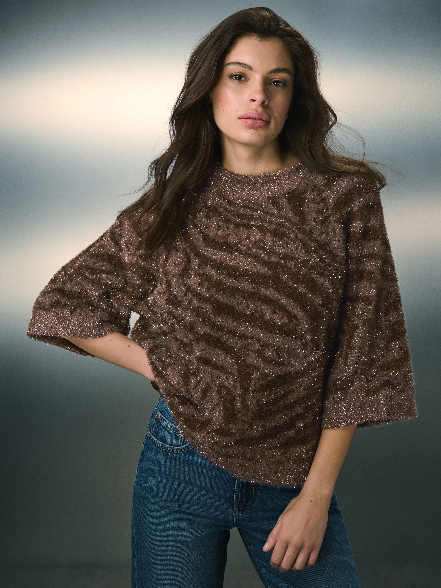 Bruin met dierenprint - T-shirt met glitters en halflange mouwen