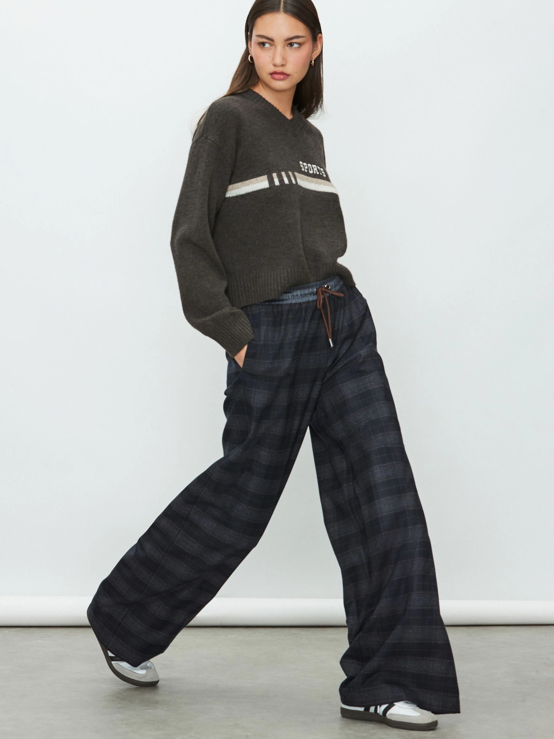 Marineblauw geruit - Satin Waistband Wide Leg Trousers