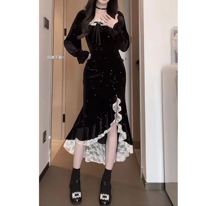 Everose - Midi-zeemeerminjurk met pofmouwen, vierkante hals, ruches en glitter