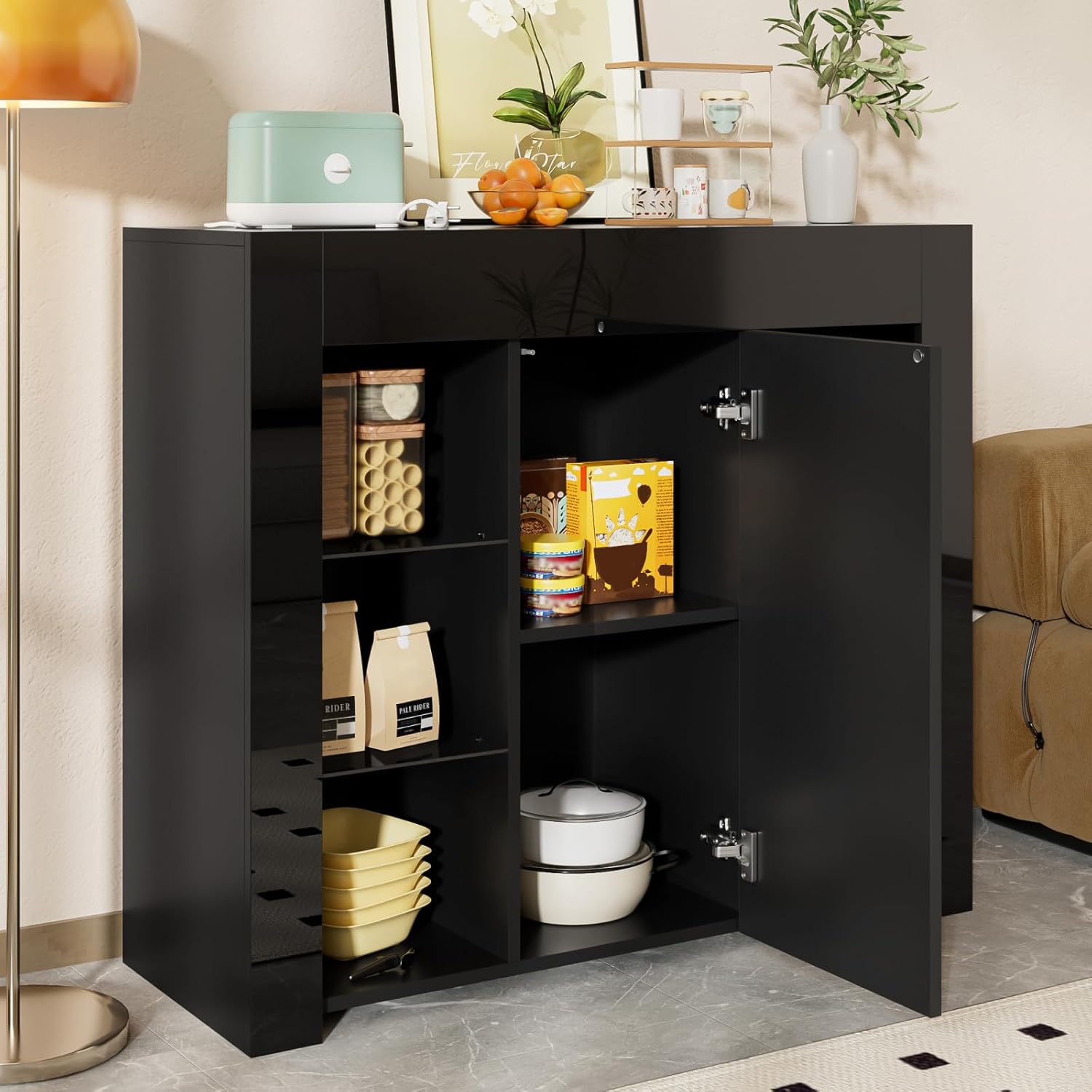 Sideboard mit Türen, Küchenschrank mit Glasböden und Trennwände, Modernes Kommode mit Stauraum, für Küche, Wohnzimmer & Esszimmer, Griffloses Design, 95x35x83cm, Schwarz