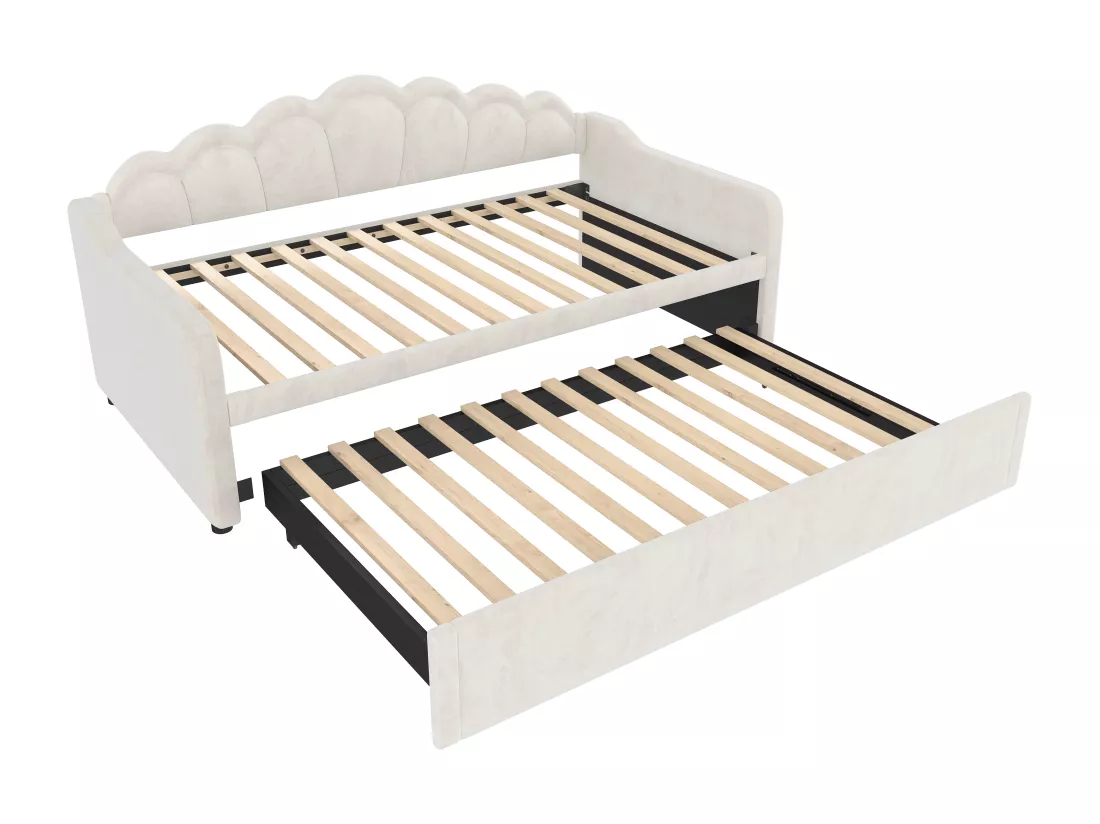 Canapé-lit 90x200/180x200 cm - avec lit gigogne - avec bande lumineuse LED - velours - beige (matelas non inclus)