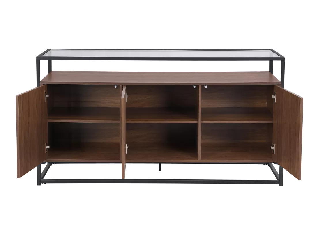 Buffet avec 3 portes en MDF, verre trempé et métal - Naturel foncé - CAMATA