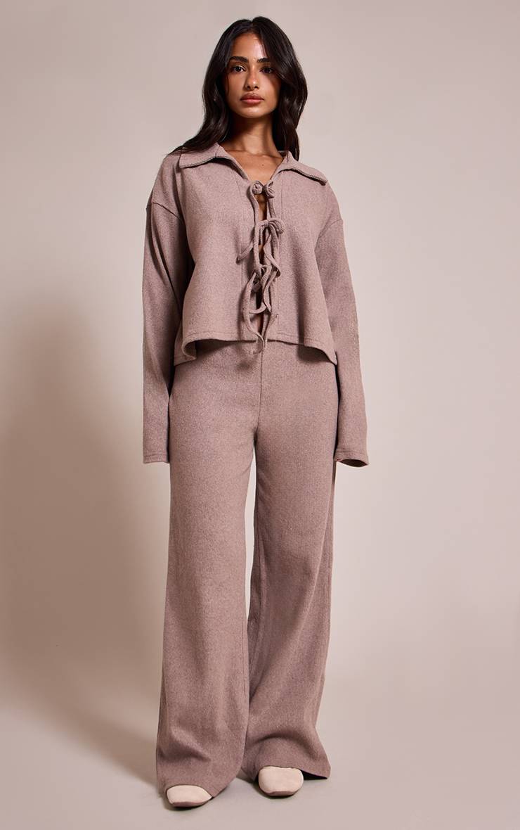 Marron Pantalon Large Taille Élastique Brossé Taupe Petite