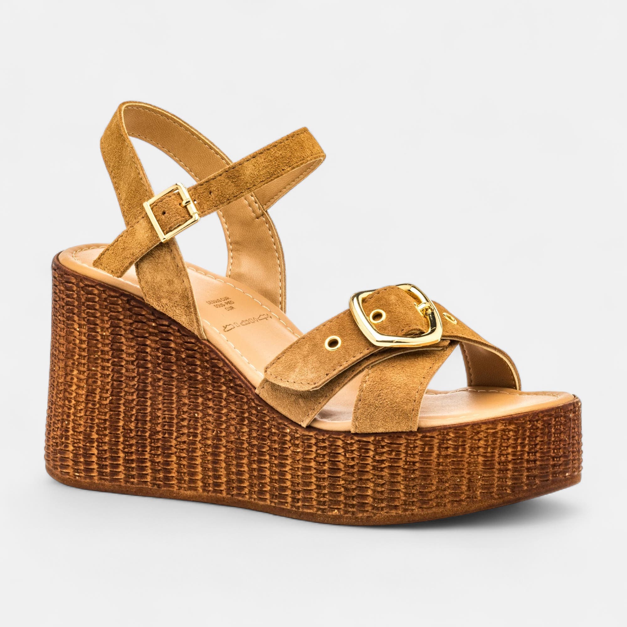 Nu-pieds à talon compensé Femme en cuir camel
