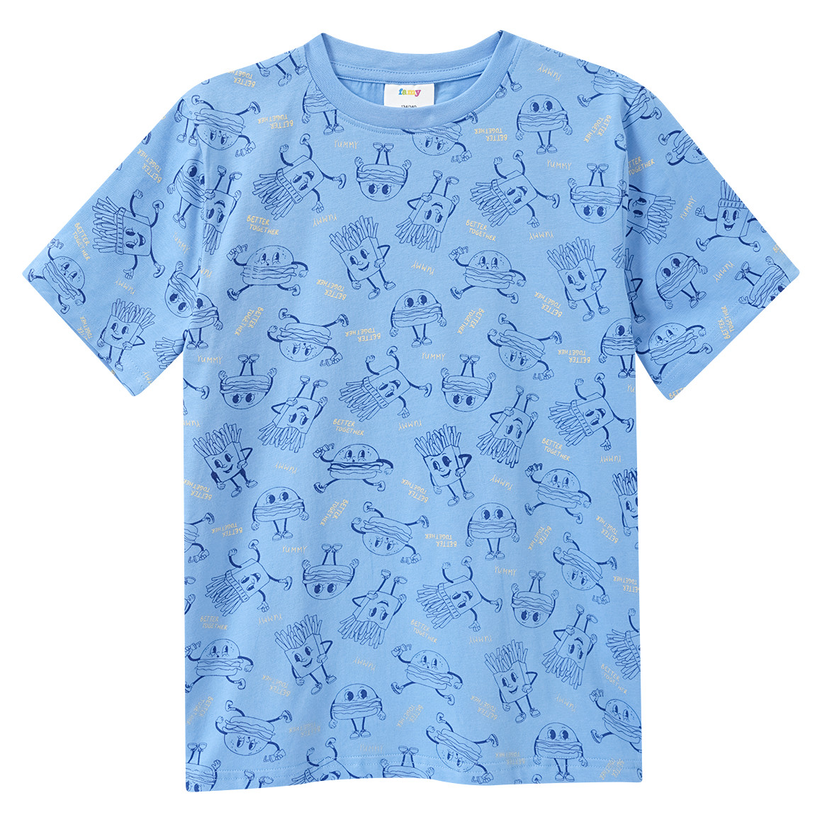 Famy 3 Jungen T-Shirts mit Fast Food Prints blau / dunkelblau / hellblau