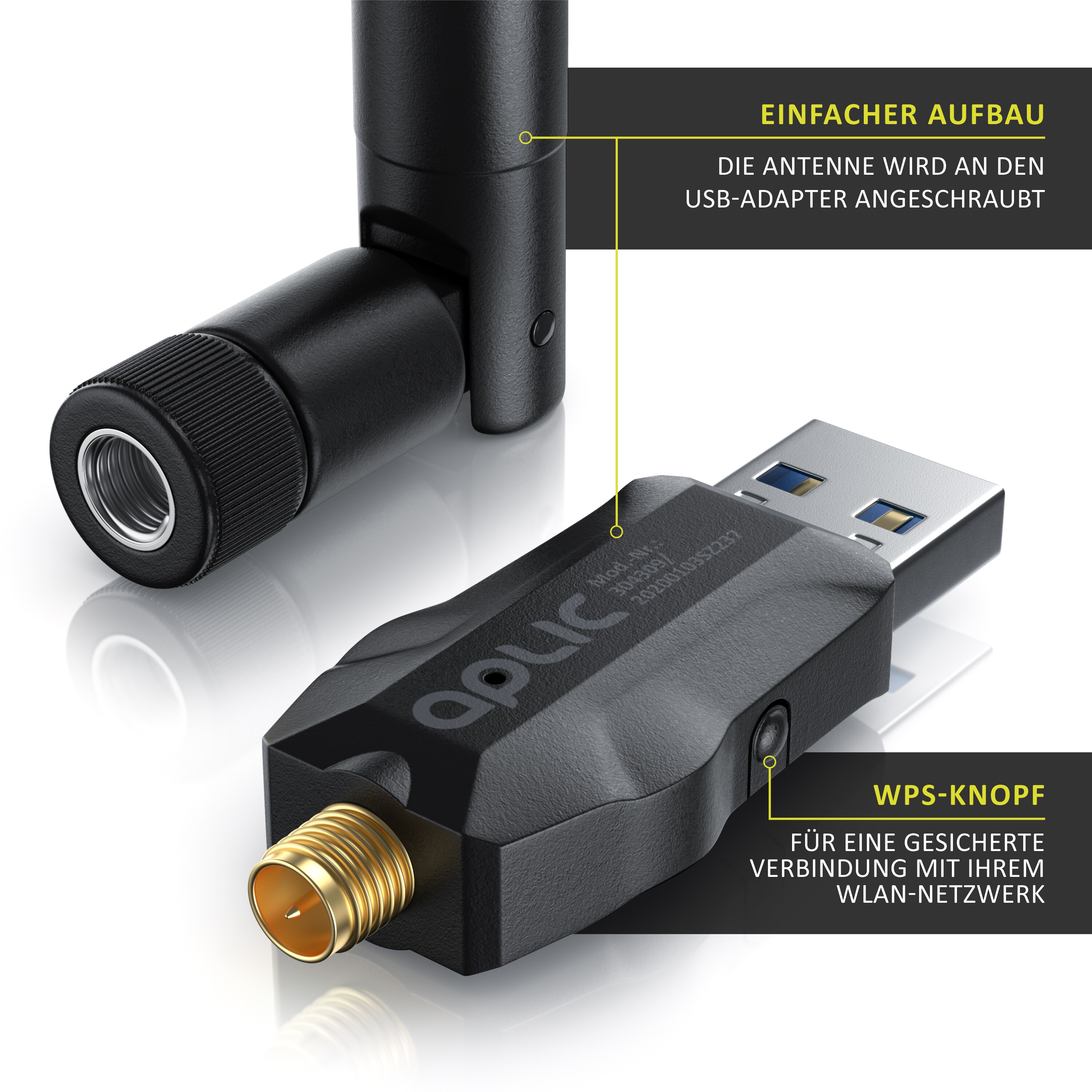 Aplic WLAN Adapter 1200MBit/s - 2,4Ghz + 5Ghz - Dual Band - 5 dBi externe Antenne - Mini WiFi Stick 1200 MBit/s - Wireless LAN - USB 3.2 Gen.1