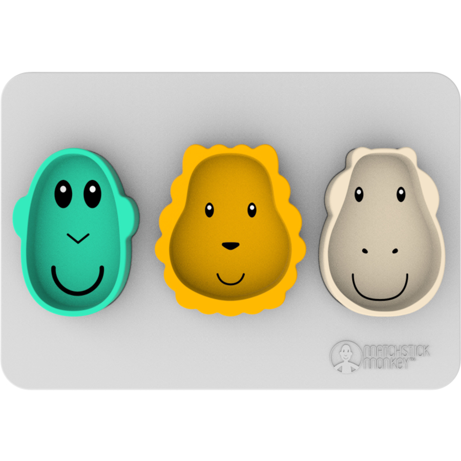 MATCHSTICK MONKEY™ Snackmatte und 3 Snacktellern mit Anti-Rutsch-Funktion