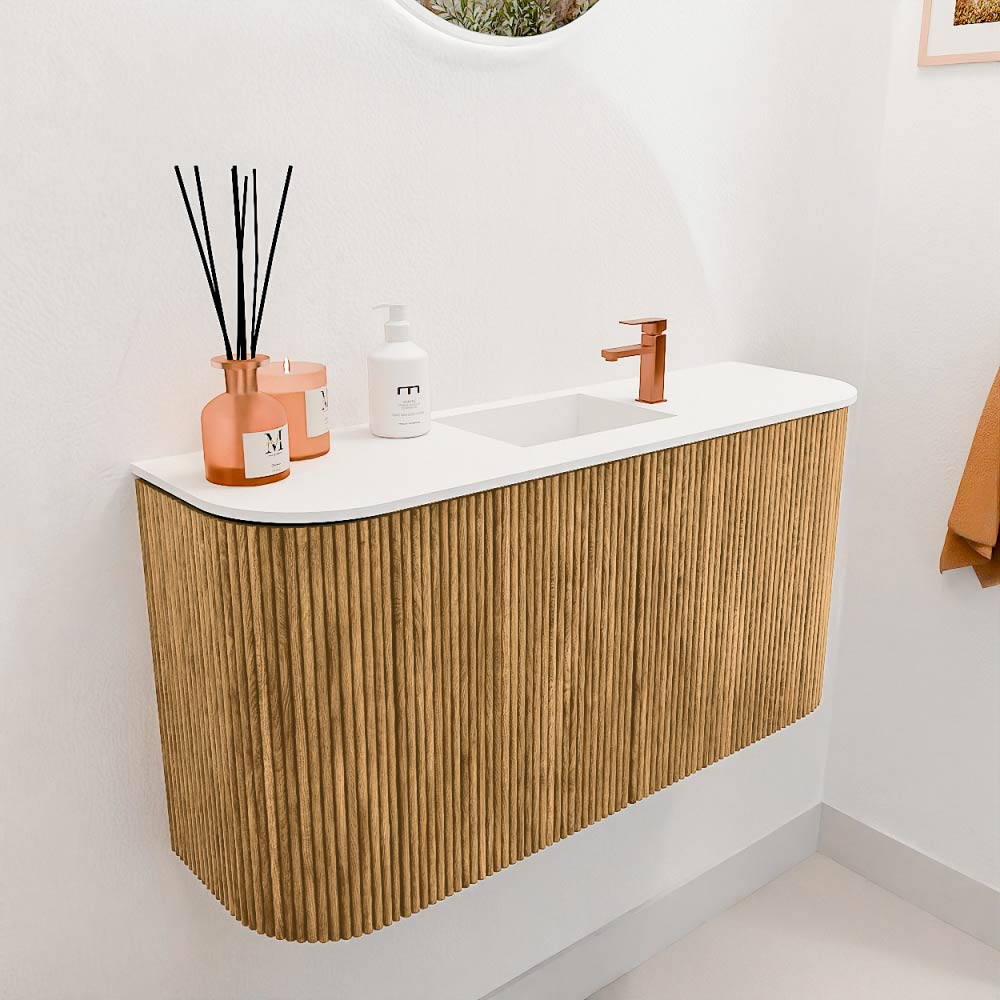 Mondiaz Joya 85cm toiletmeubel ronding links/rechts oak met wastafel faye midden 1 kraangat talc