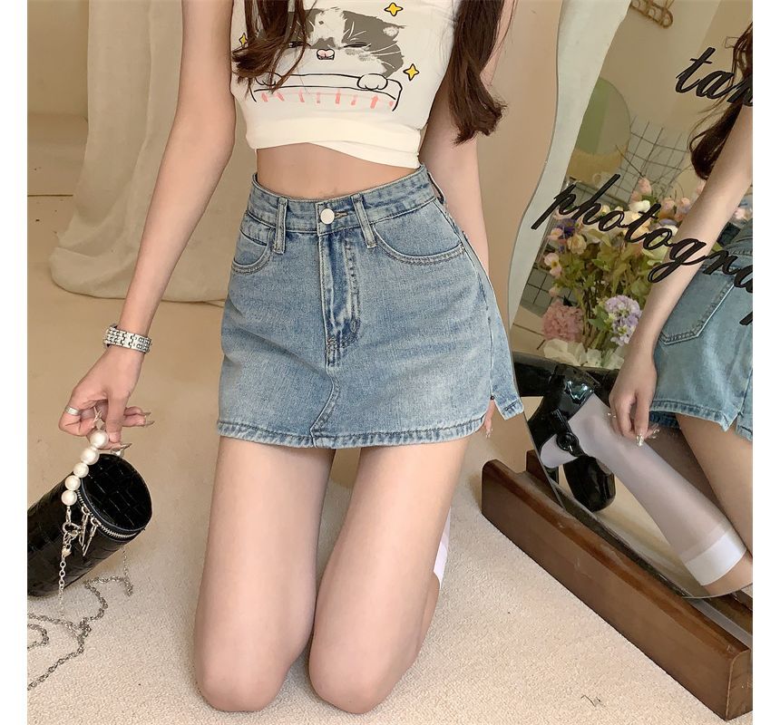 Notica - Hoge taille split gewassen denim skort