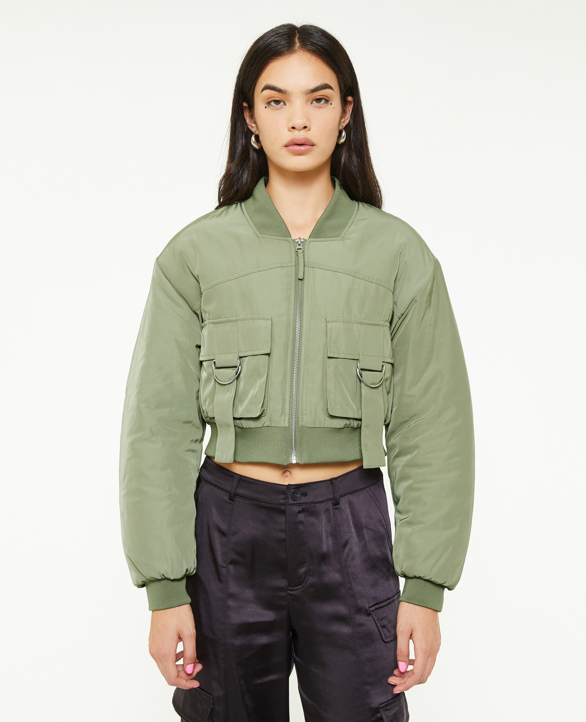 Bomber court avec poches et sangles - Vert de gris