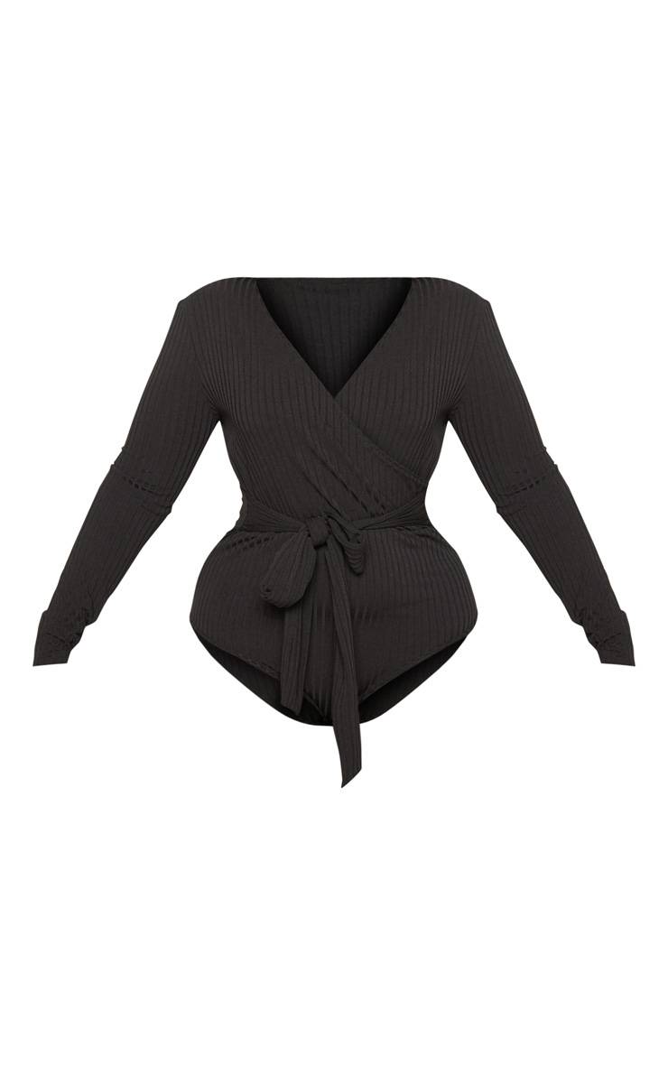 Noir Body Grande Taille Côtelé Avec Nœud À La Taille