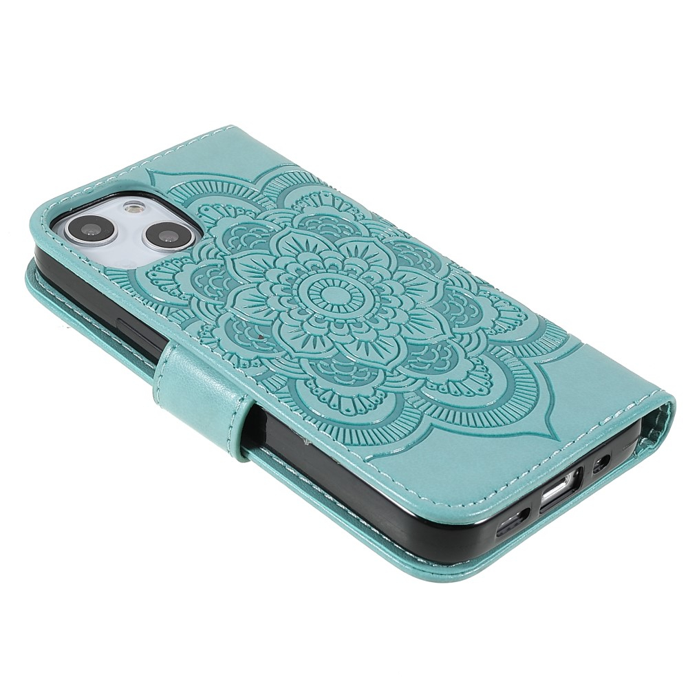 iPhone 13 Leder Tasche Wallet - Mandala Flowers Imprint - Türkis