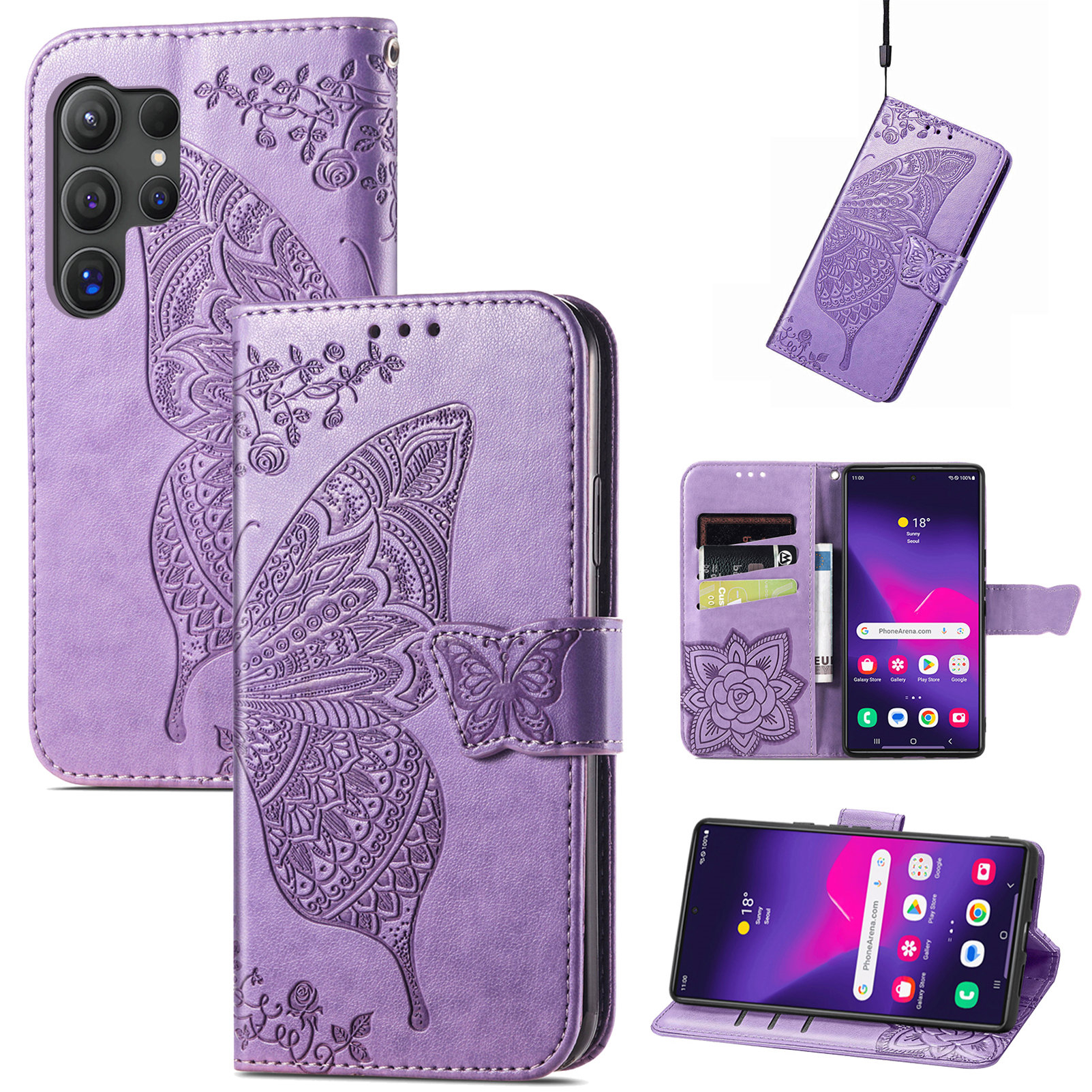 Samsung Galaxy S25 Leder Tasche Flip Cover Schmetterlinge Imprint - Lila