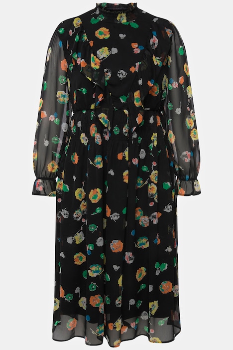 Midikleid, A-Line, Flowerprint, Rüschen-Stehkragen, Langarm