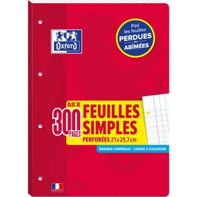 Oxford - Bloc de cours - feuilles simples détachables A4 - 300 pages - grands carreaux (Seyes) - perforées