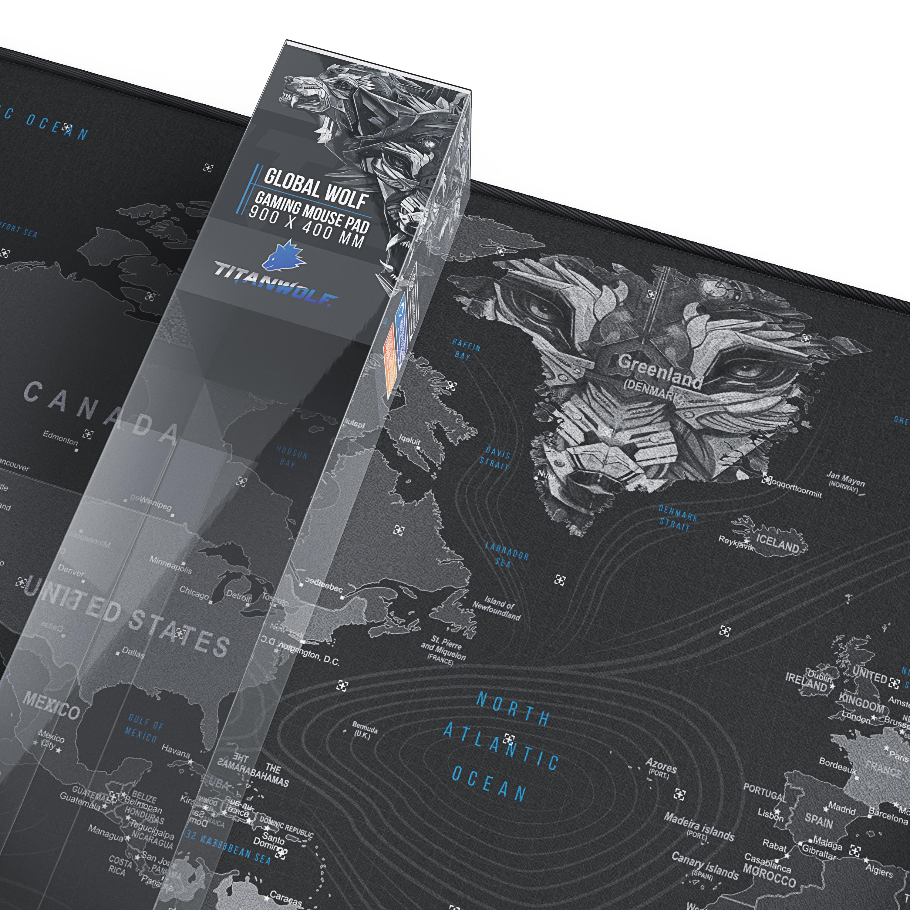 Titanwolf Gaming Mauspad XXL, glattes Stoffgewebe, Speed Mousepad, 900 x 400mm große Fläche, Globus