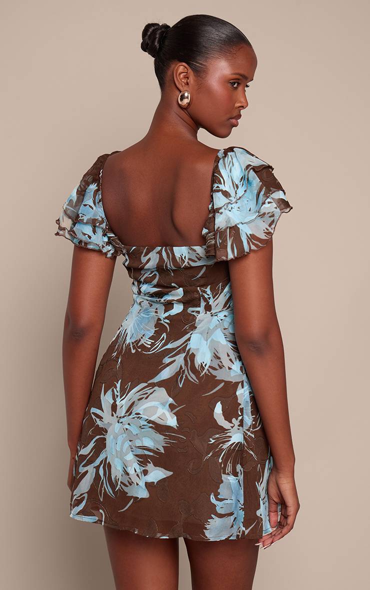 Bleu Robe Courte Droite À Encolure Carrée En Mousseline Dévorée À Motif Floral
