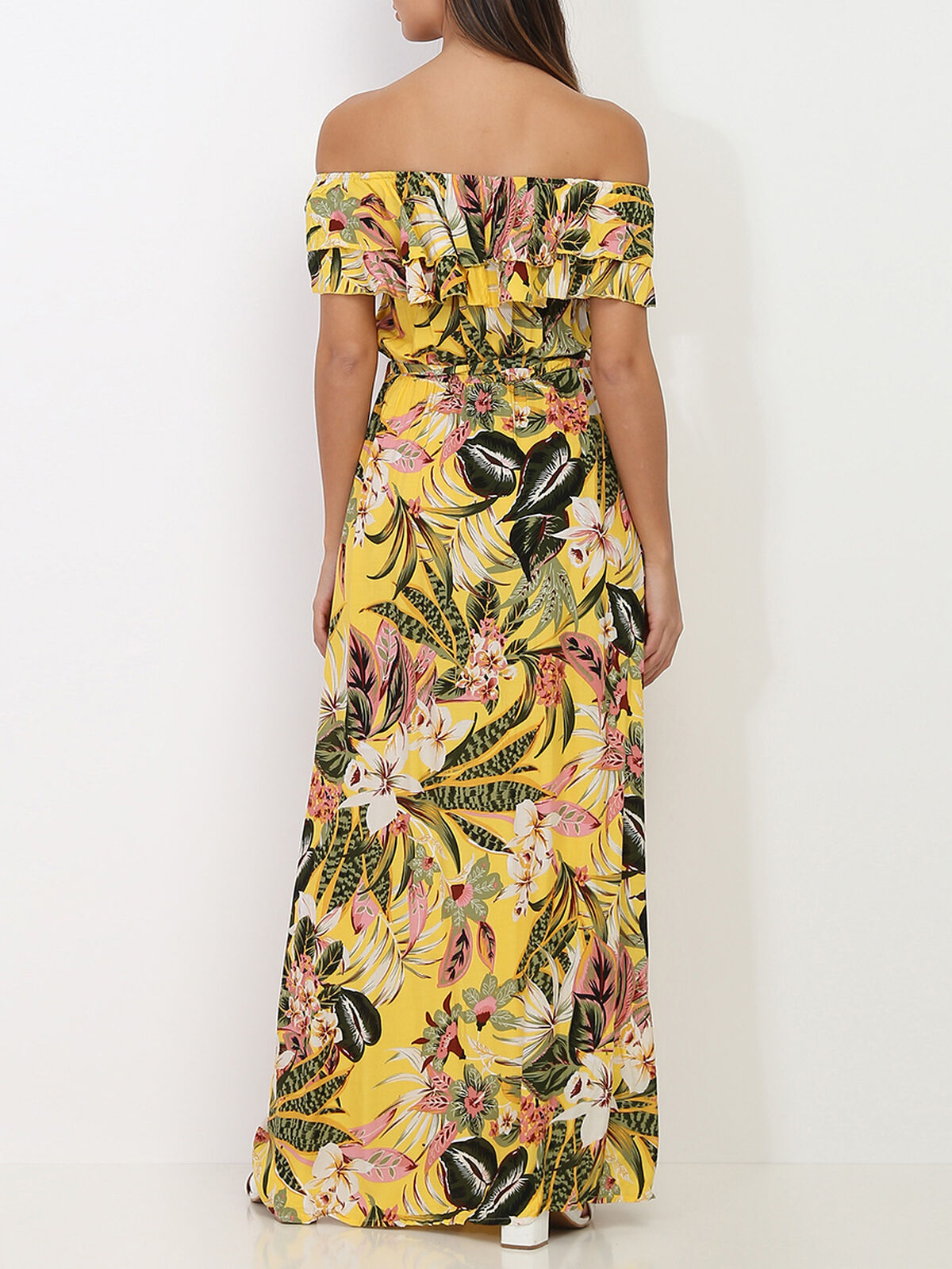Robe col bardot à motif fleurs tropicales- Jaune