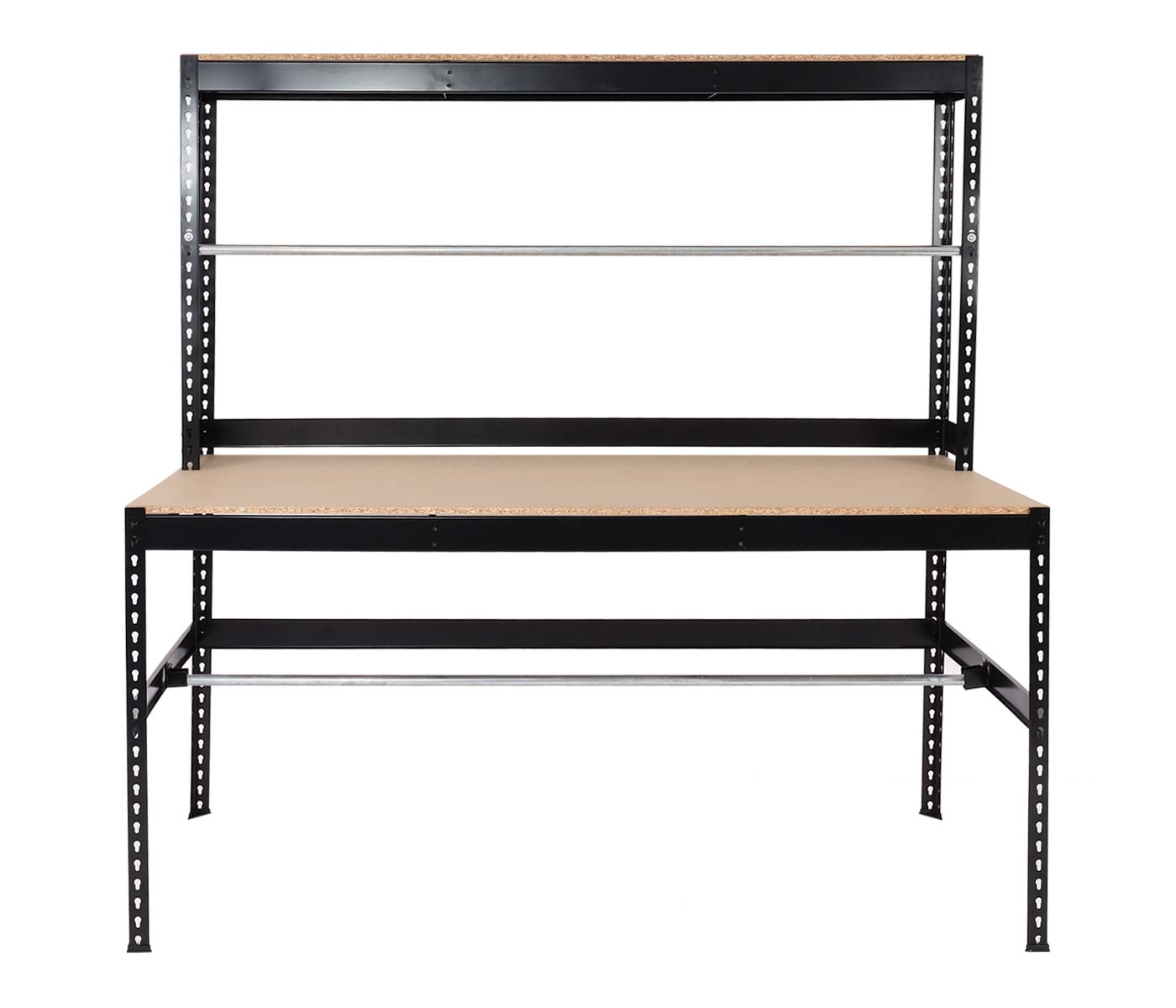 Packstation MCW-J84, Packtisch Arbeitstisch Werktisch, Rollenhalter höhenverstellbar, Holz Stahl 183x183x90cm, schwarz