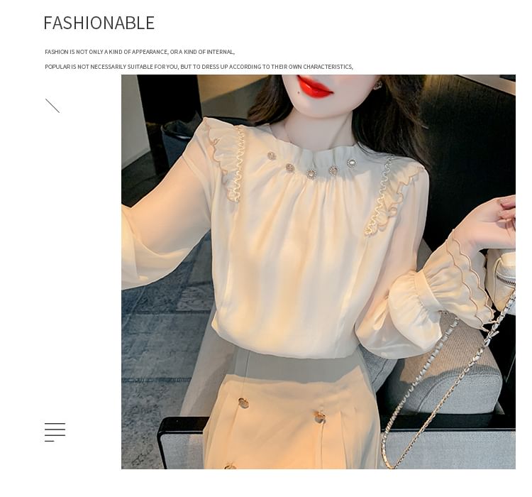 Dragan Pulse - Blouse met pofmouwen en hoge hals, effen, geplooid en strass steentjes
