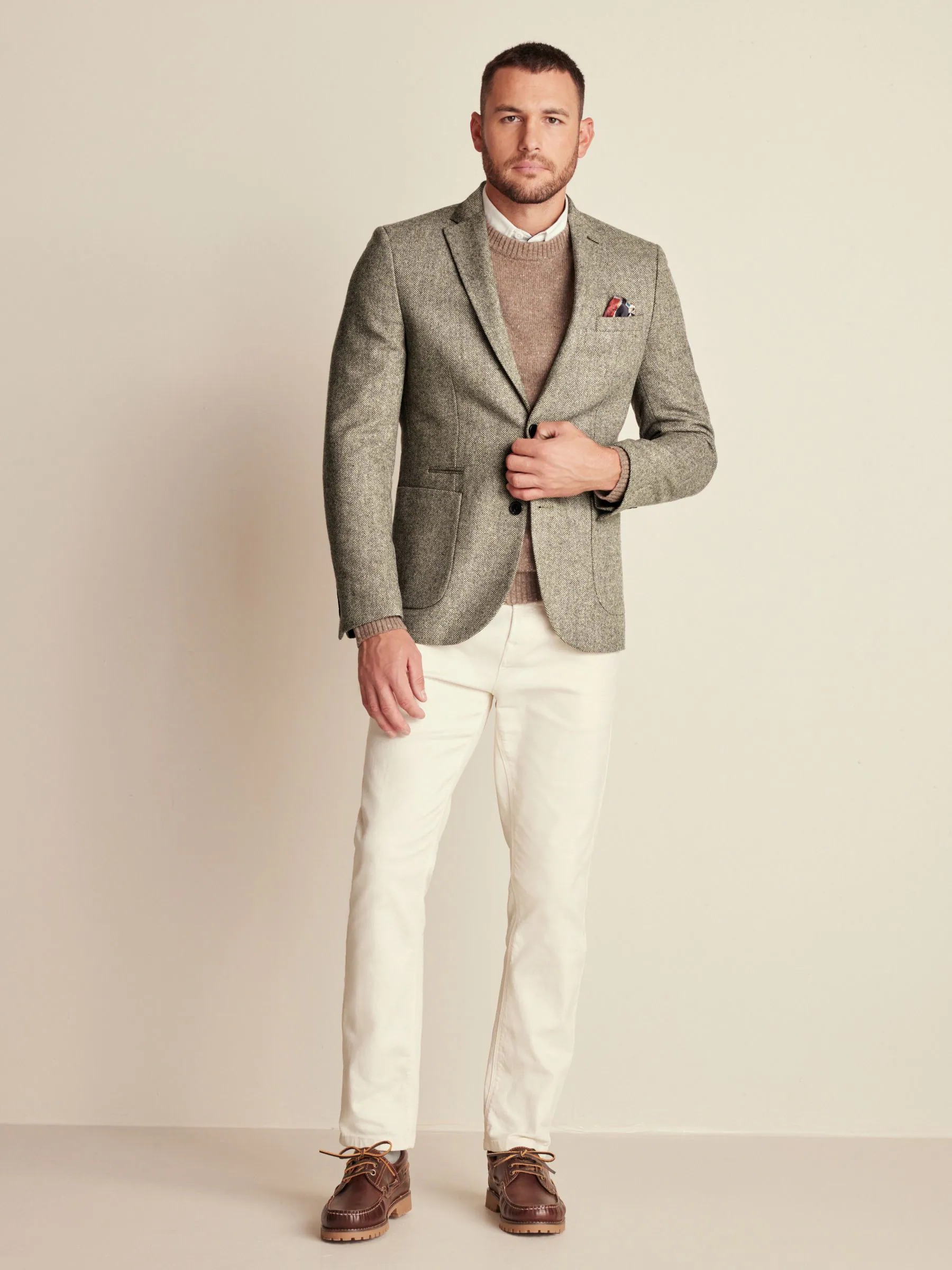 Taupe - Slim Fit - Blazer met visgraatmotief en hoog wolgehalte