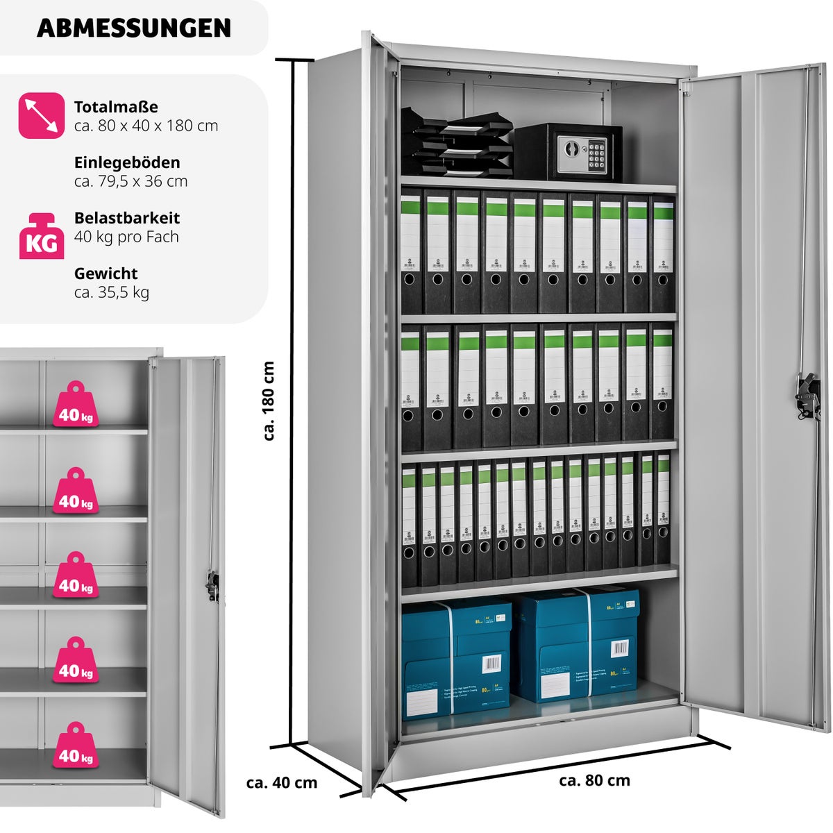 tectake Blain archiefkast van gepoedercoat staal, 180 x 80 x 40 cm